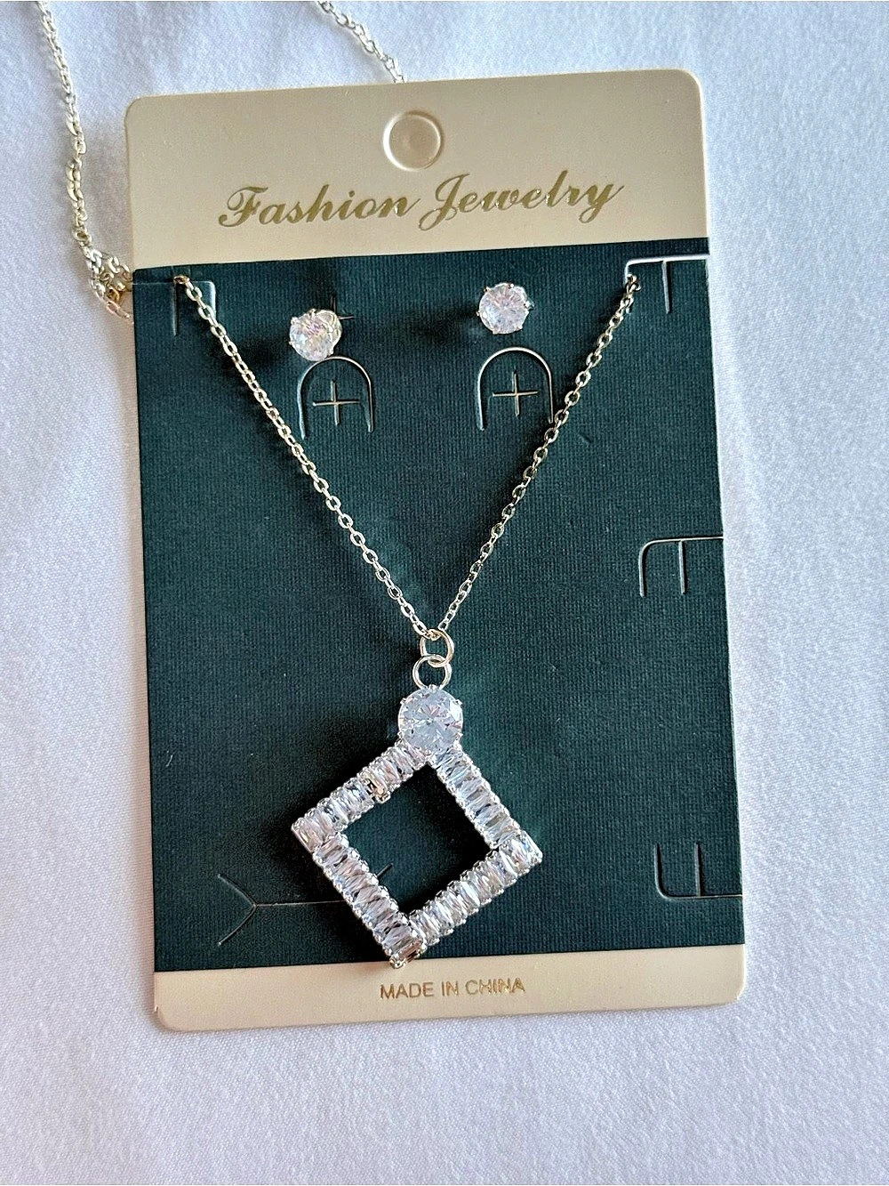 Rhinestone Pendant Necklace & Earrings in Silver NWT